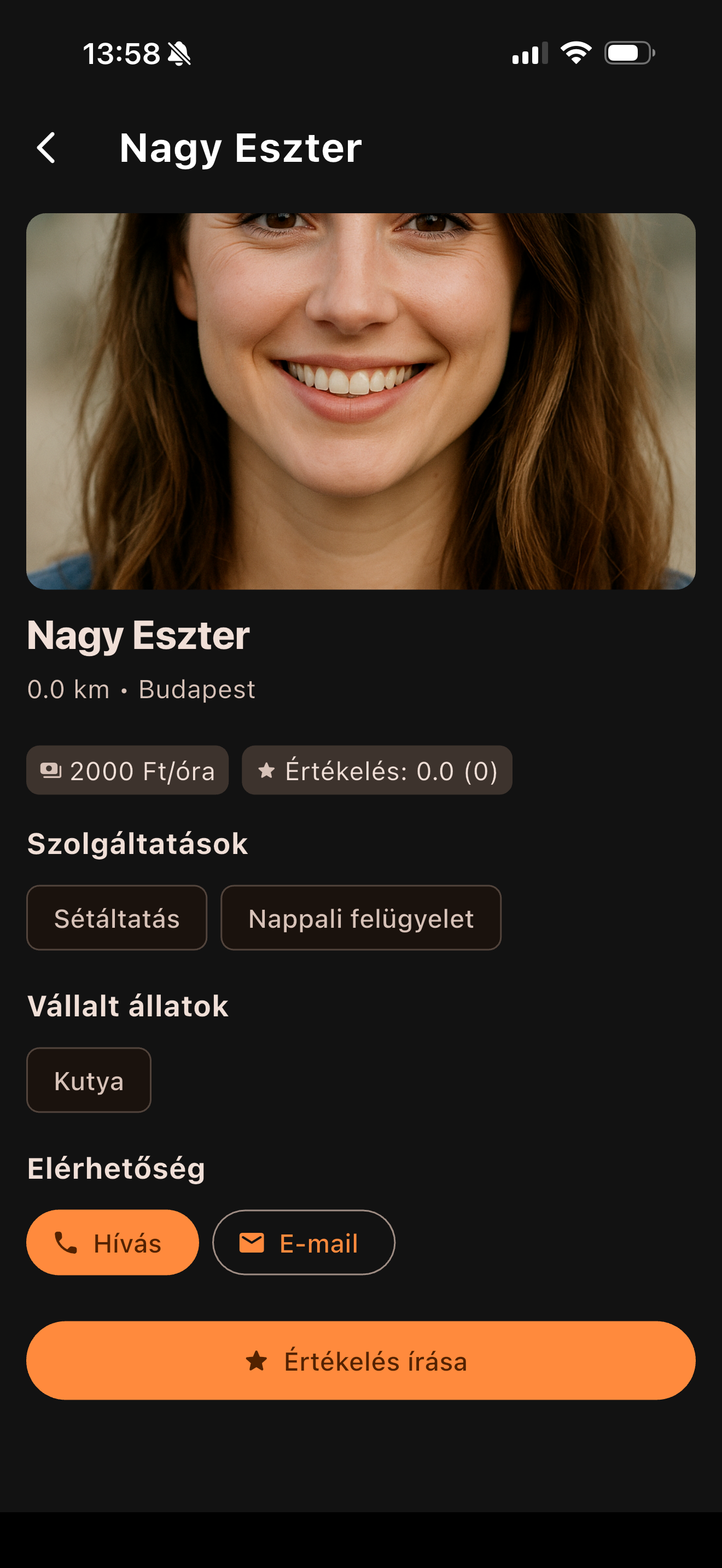 Állatszitter profil részletes adatokkal